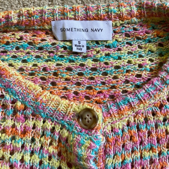 Revolve RARE Something Navy cropped multicolored cardigan rainbow open knit - Picture 3 of 5